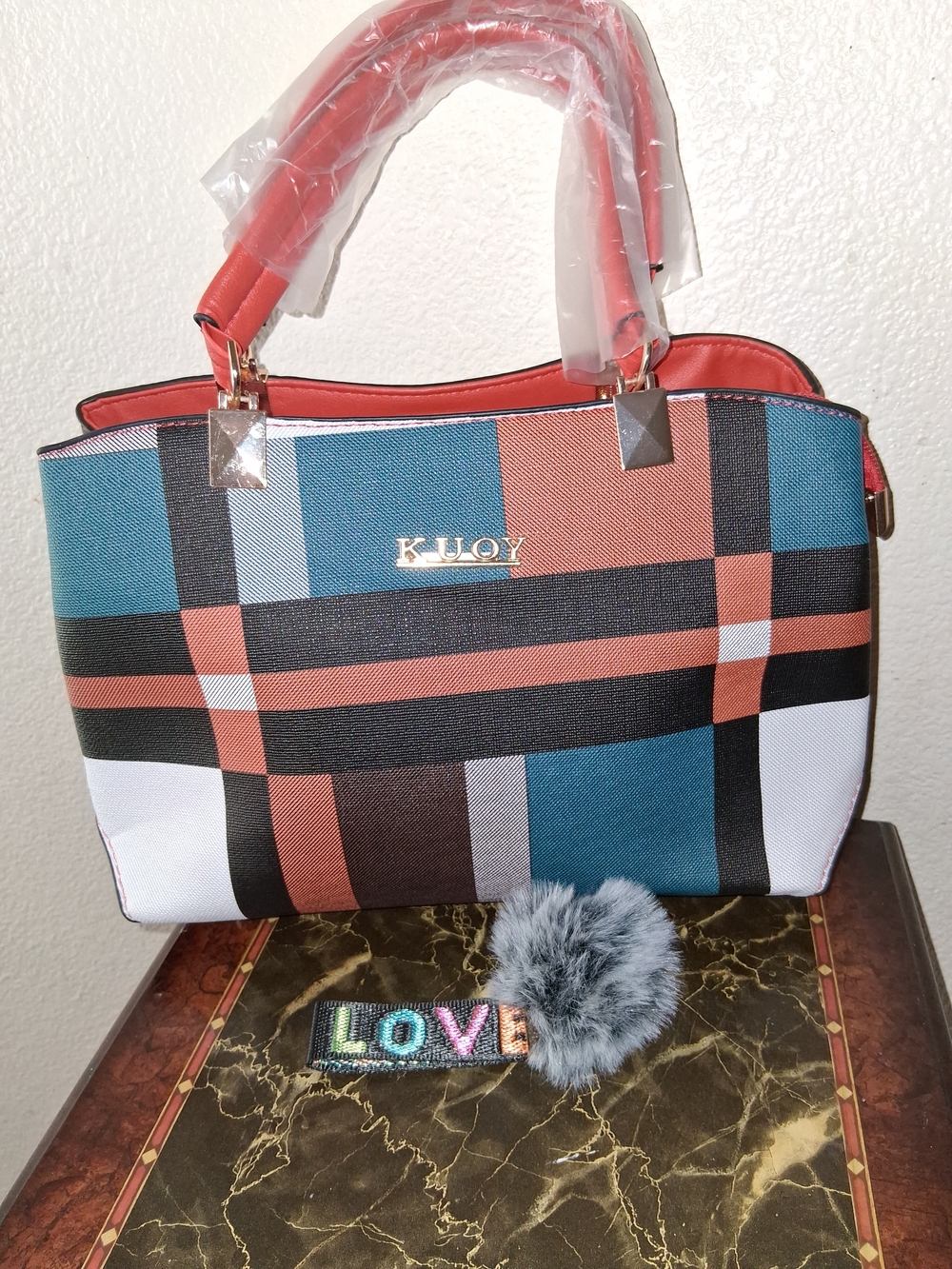 Plaid Shoulder Bag in Blue & Coral Nwt Has Extra Strap,  And Keychain Nwt 10x8